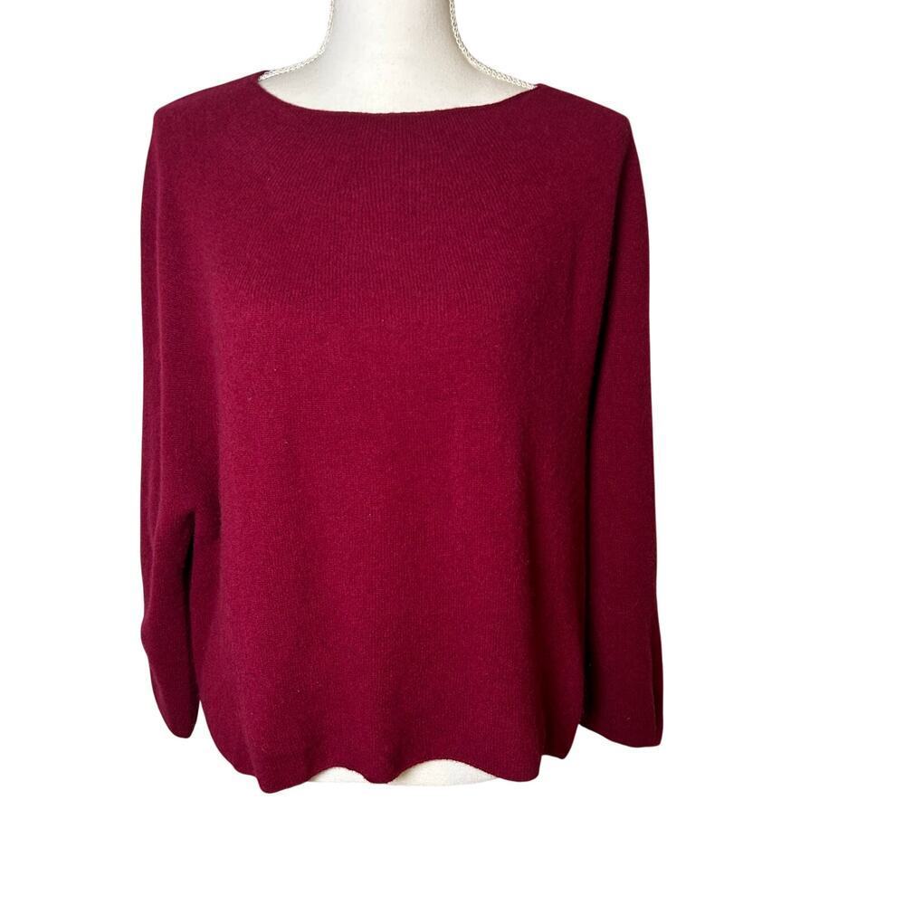 Noble Japan woman red burgundy wool dolman sleeve boat neck hi low sweater M-L**